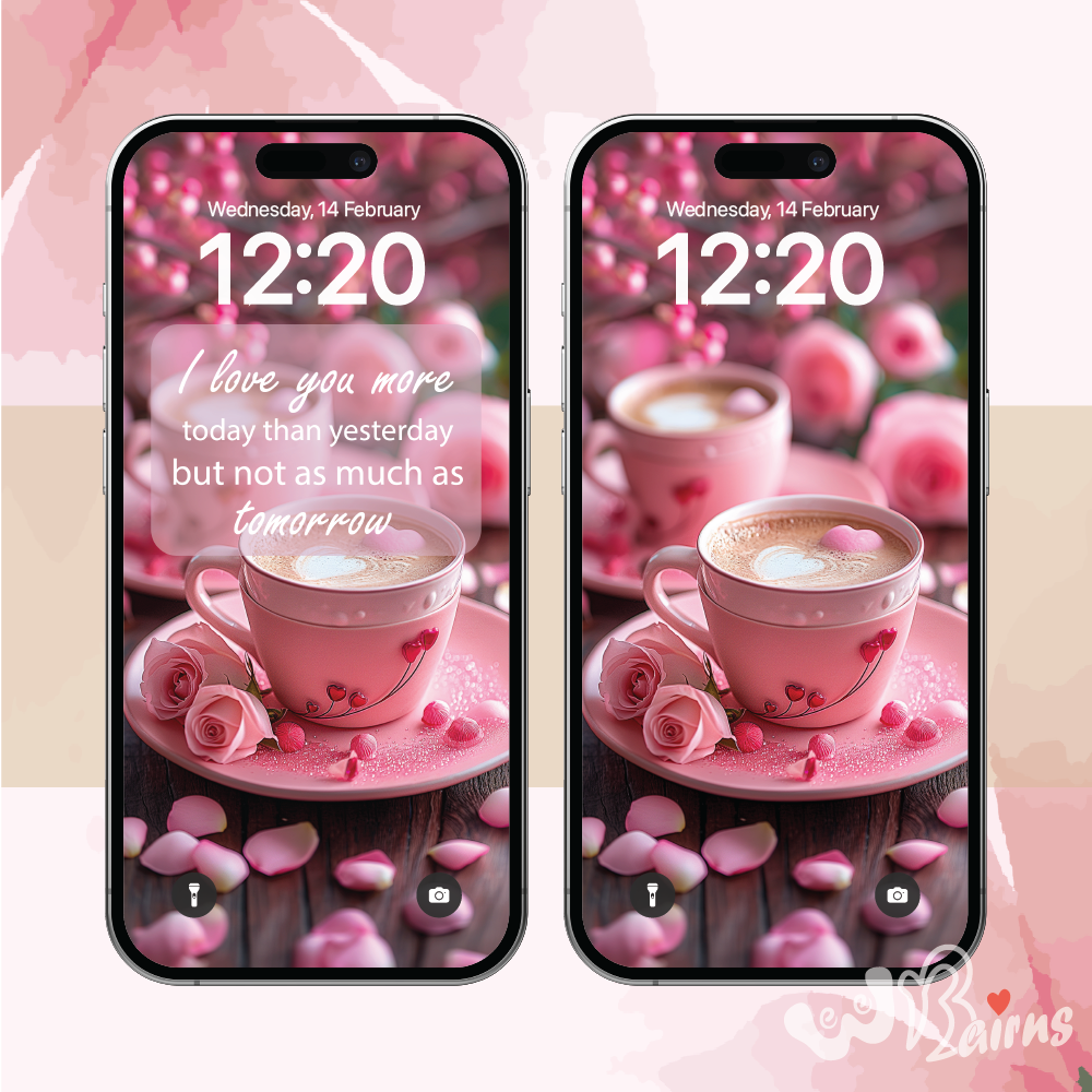 This picture shows two cups of coffee surrounded by rose petals. The caption quotes I love you more today than yesterday but not as much as tomorrow,