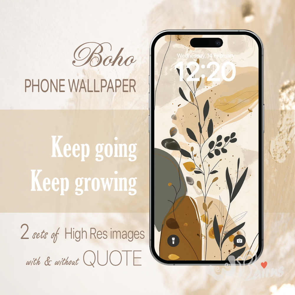 Picture showing phone Boho wallpaper with optional quote ;Keep going Keep growing.