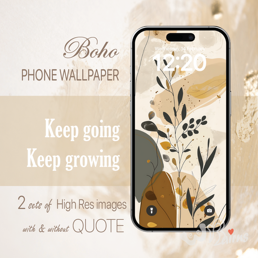 Picture showing phone Boho wallpaper with optional quote ;Keep going Keep growing.
