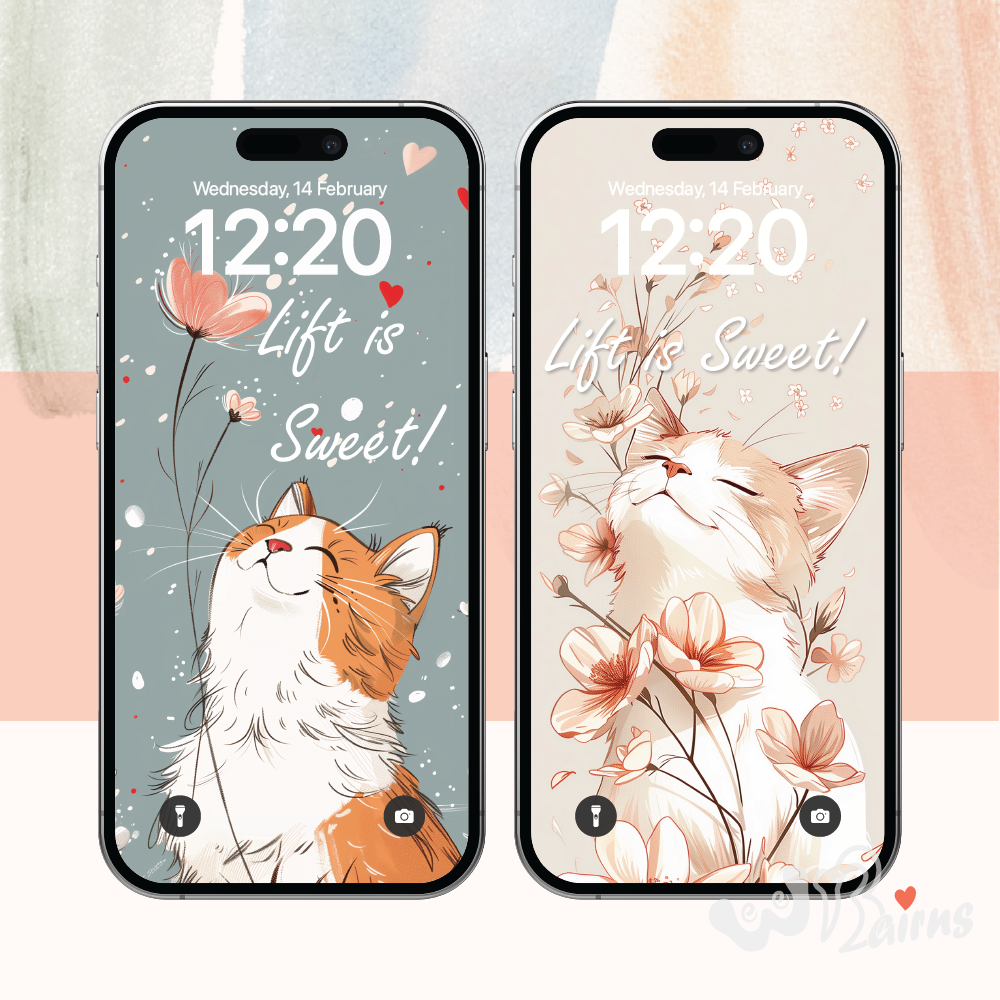 Picture shows a smiling cat looking up at some flowers. Ginger cat with a grey background. The alternative wallpaper is a smiling cat in the middle of some flowers with a pink background.