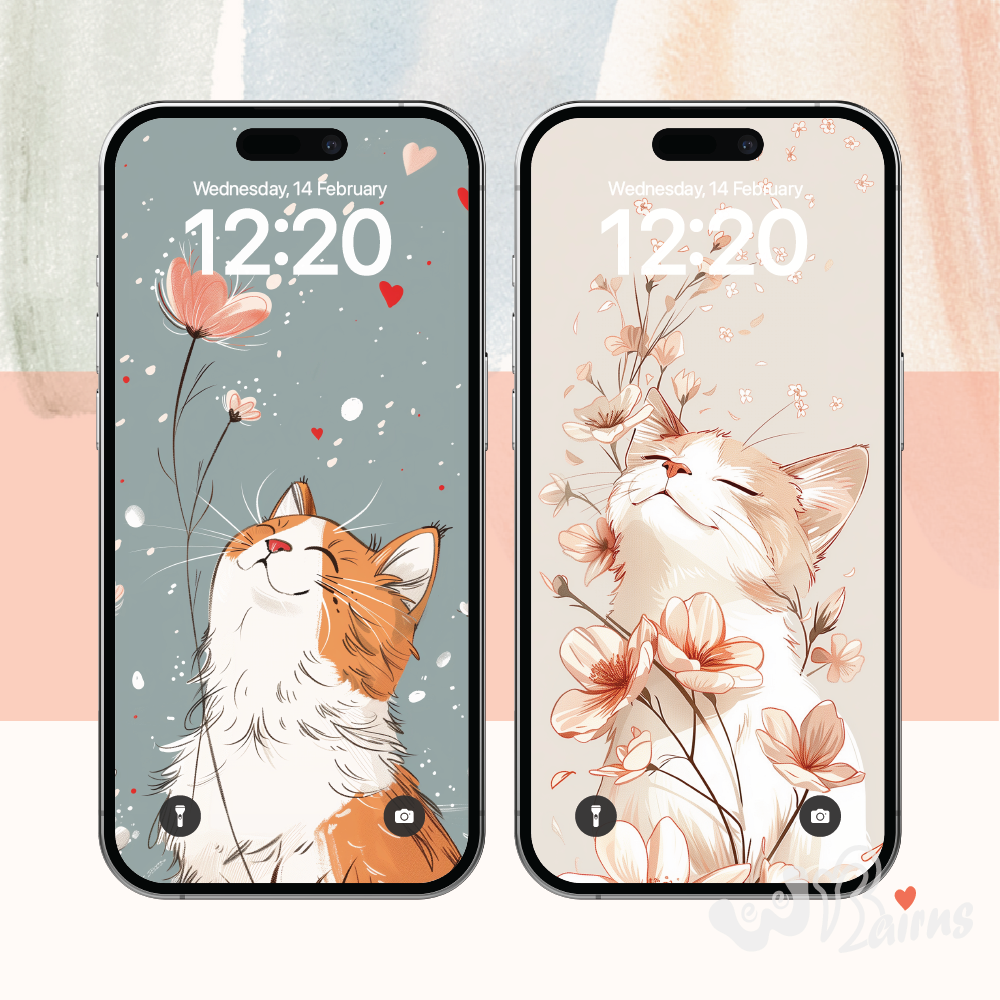 Picture shows a smiling cat looking up at some flowers. Ginger cat with a grey background. The alternative wallpaper is a smiling cat in the middle of some flowers with a pink background.