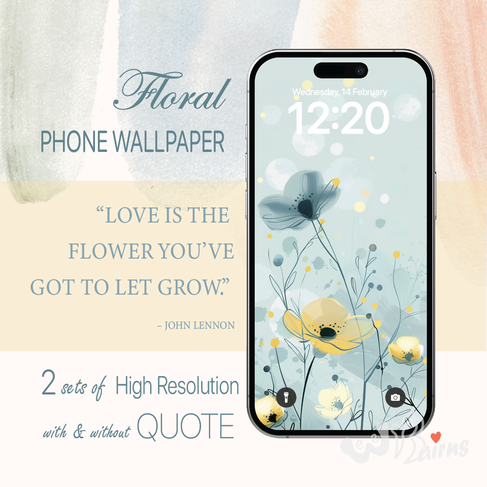 Image shows floral wallpaper with a yellow and a purple poppy with the quote "Love is the flower you've got to let grow"