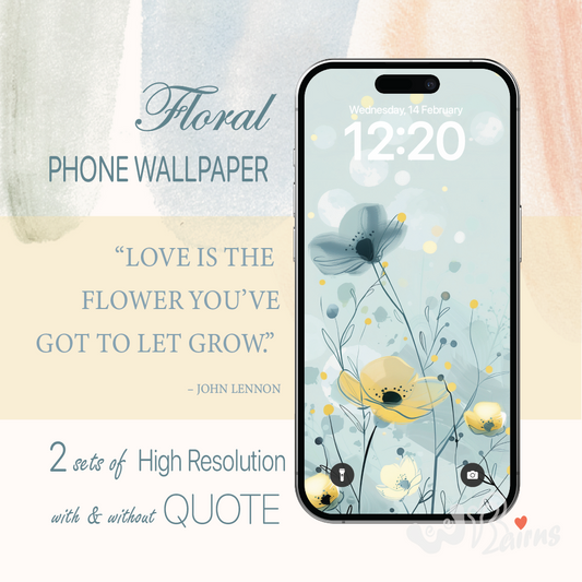 Image shows floral wallpaper with a yellow and a purple poppy with the quote "Love is the flower you've got to let grow"