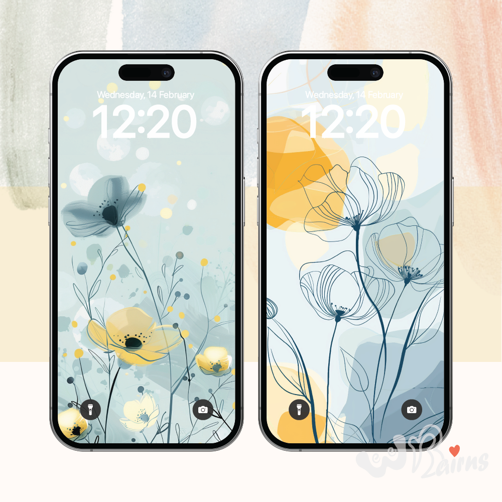The image shows two phone wallpapers with hand drawn poppies on a pale blue background.