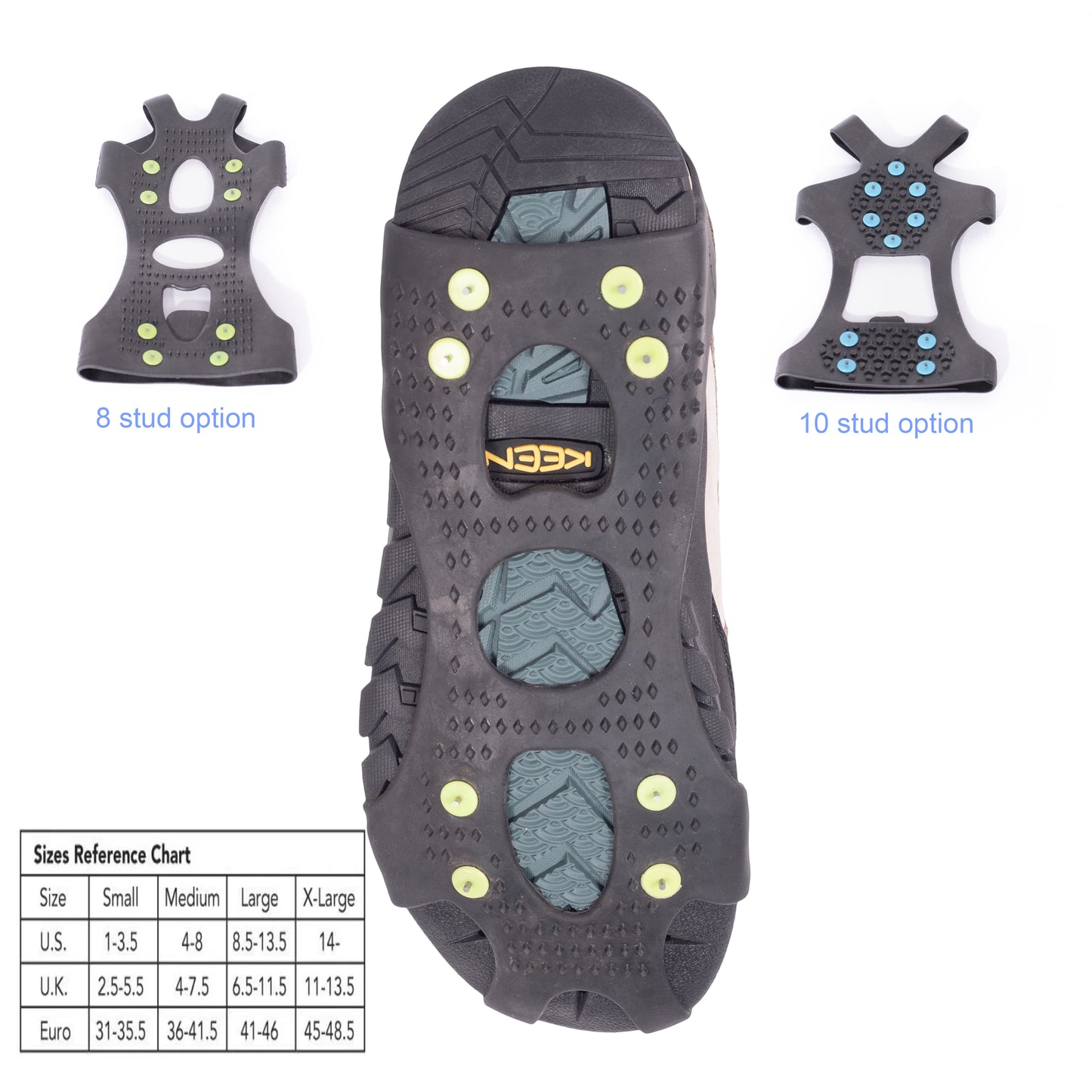 Picture show 8 stud non slip crampons attached to some walking boots. The 8 stud and 10 stud options are shown in images to the left and right. A size chart is in the lower left corner.