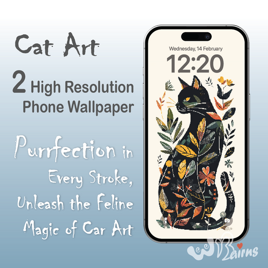 Picture shows Black cat iPhone art with a black cat surrounded by colourful leaves.