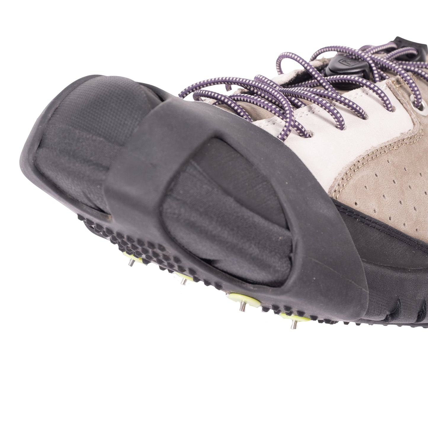 The picture shows 8 stud walking crampons front attachment point on a walking shoe.
