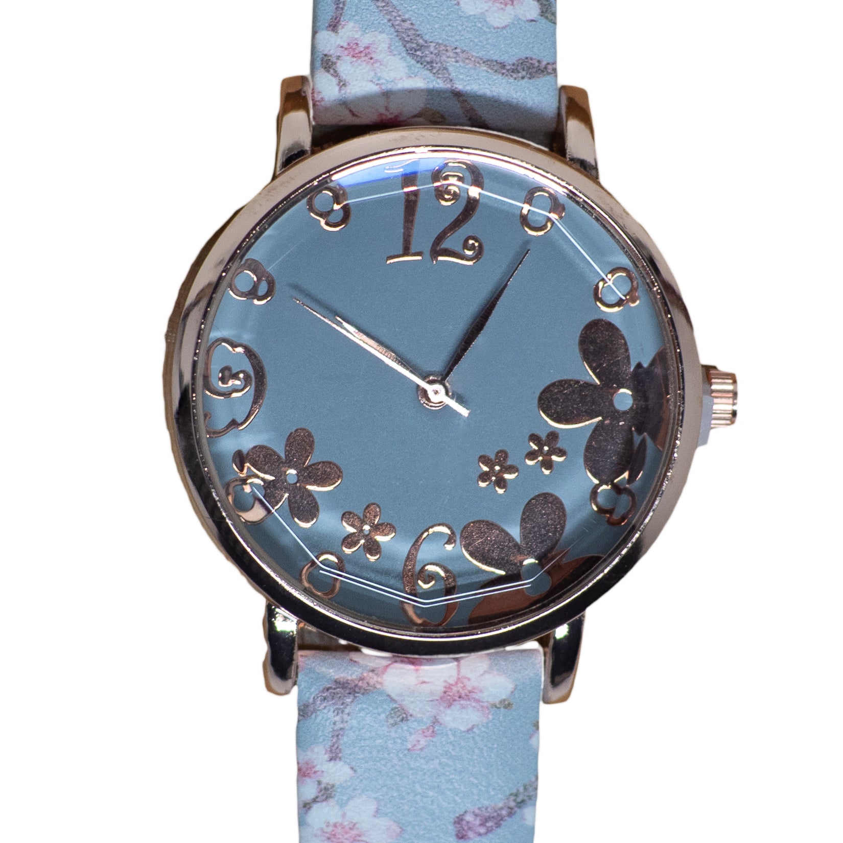 The image shows a blue watch with a white background.