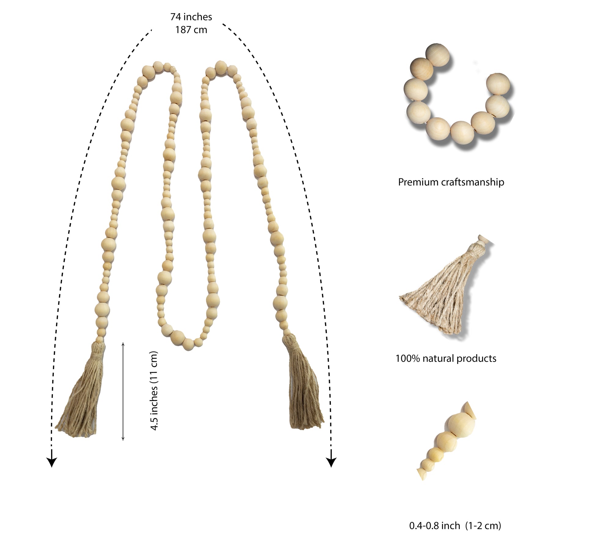 This is a picture of Long Jute Tassels on a white background. We can add the infographics for an added cost.