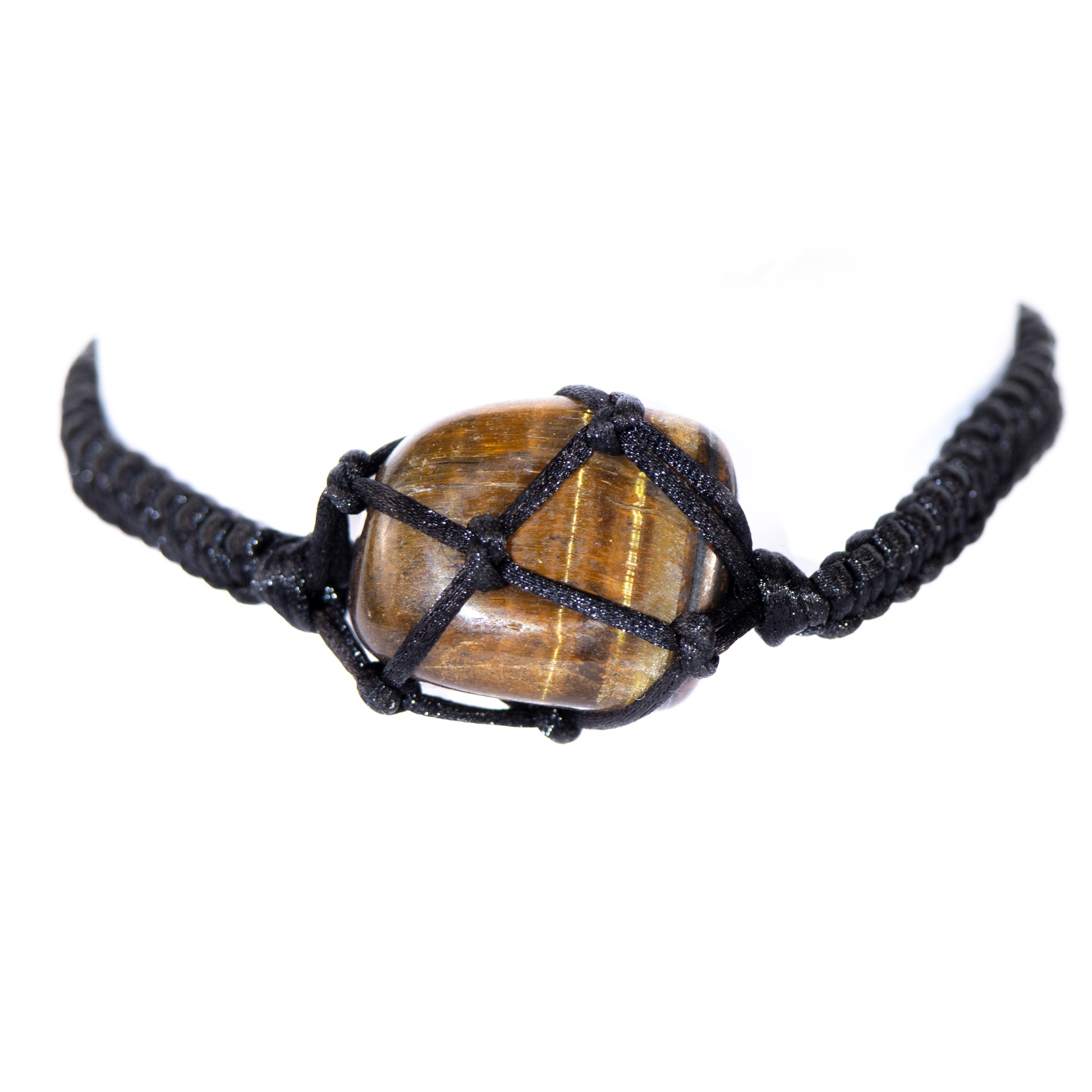 This is a macro image of a Tiger's Eye stone bracelet on a white background.