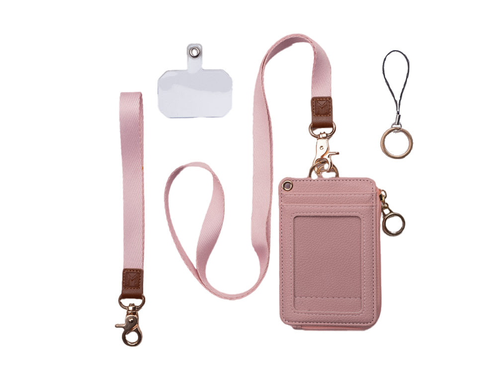 Picture showing a pink wallet and attachments on a white background.