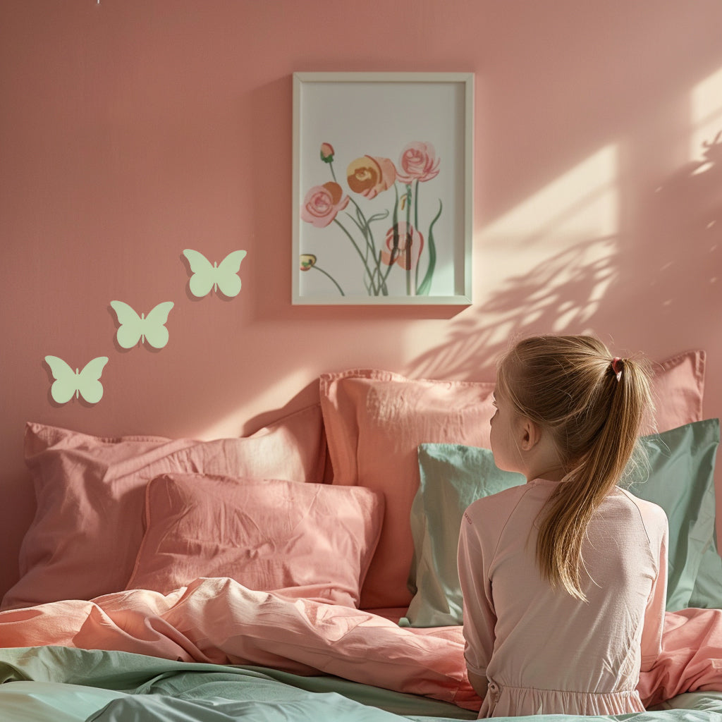 This is an AI generated lifestyle image with the 3 green butterflies inserted as the subject.