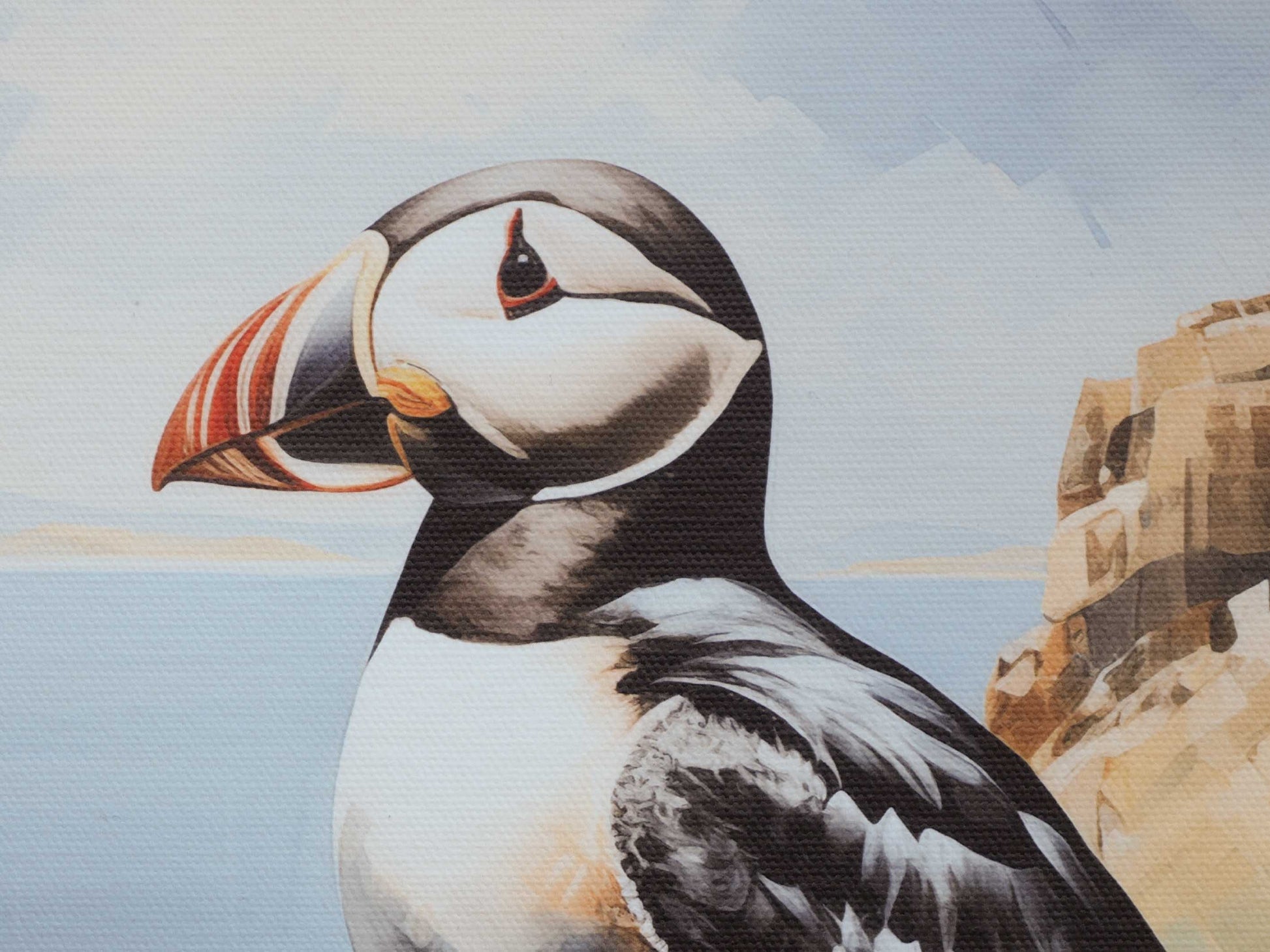 The picture shows the canvas Puffin Art with the  Puffin's head in close up.