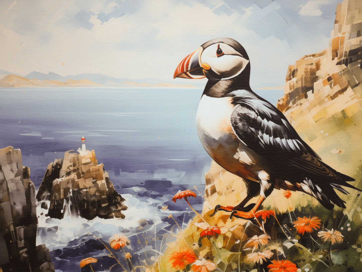 The picture shows the canvas Puffin Art with the Puffin standing on a sea cliff.print 