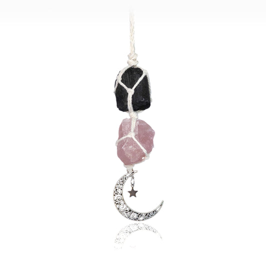 Black tourmaline and rose quartz crystal pendant with silver star and crescent.