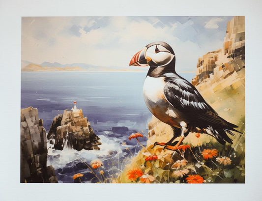 Picture of a Puffin on a sea cliff in the style of a watercolour painting