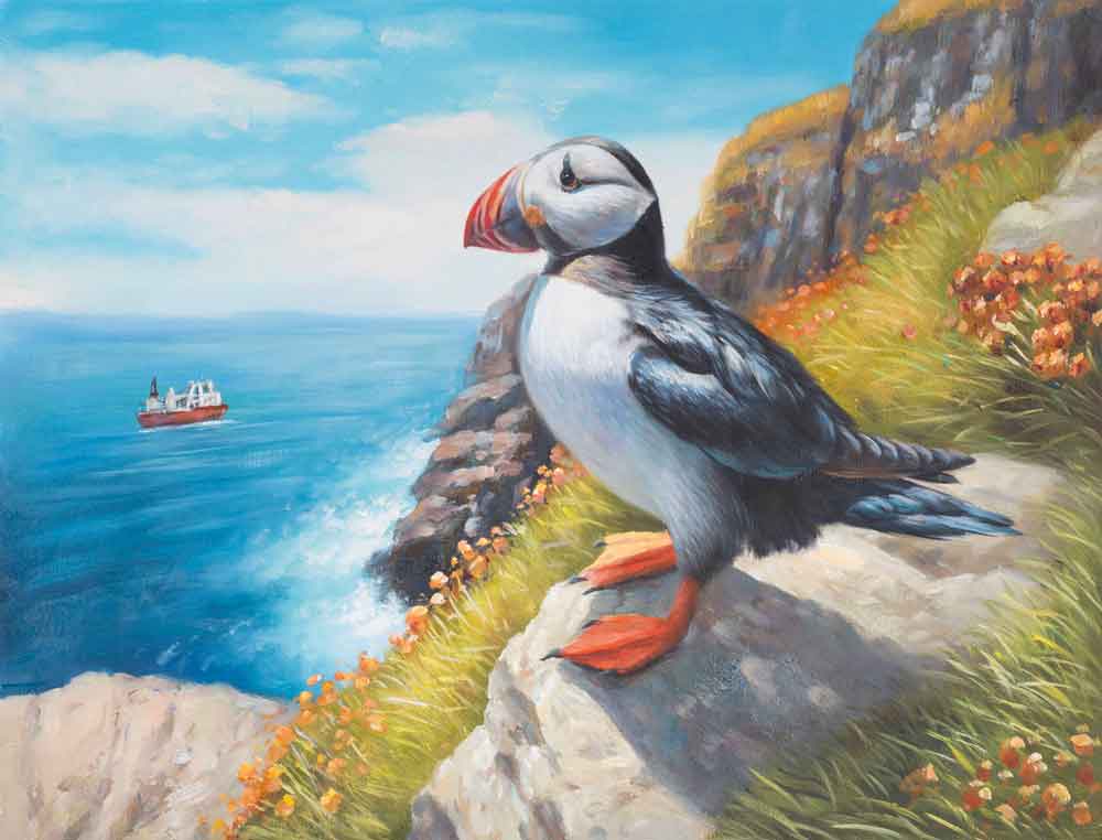Oil painting of a puffin on a sea cliff on the Farne Islands