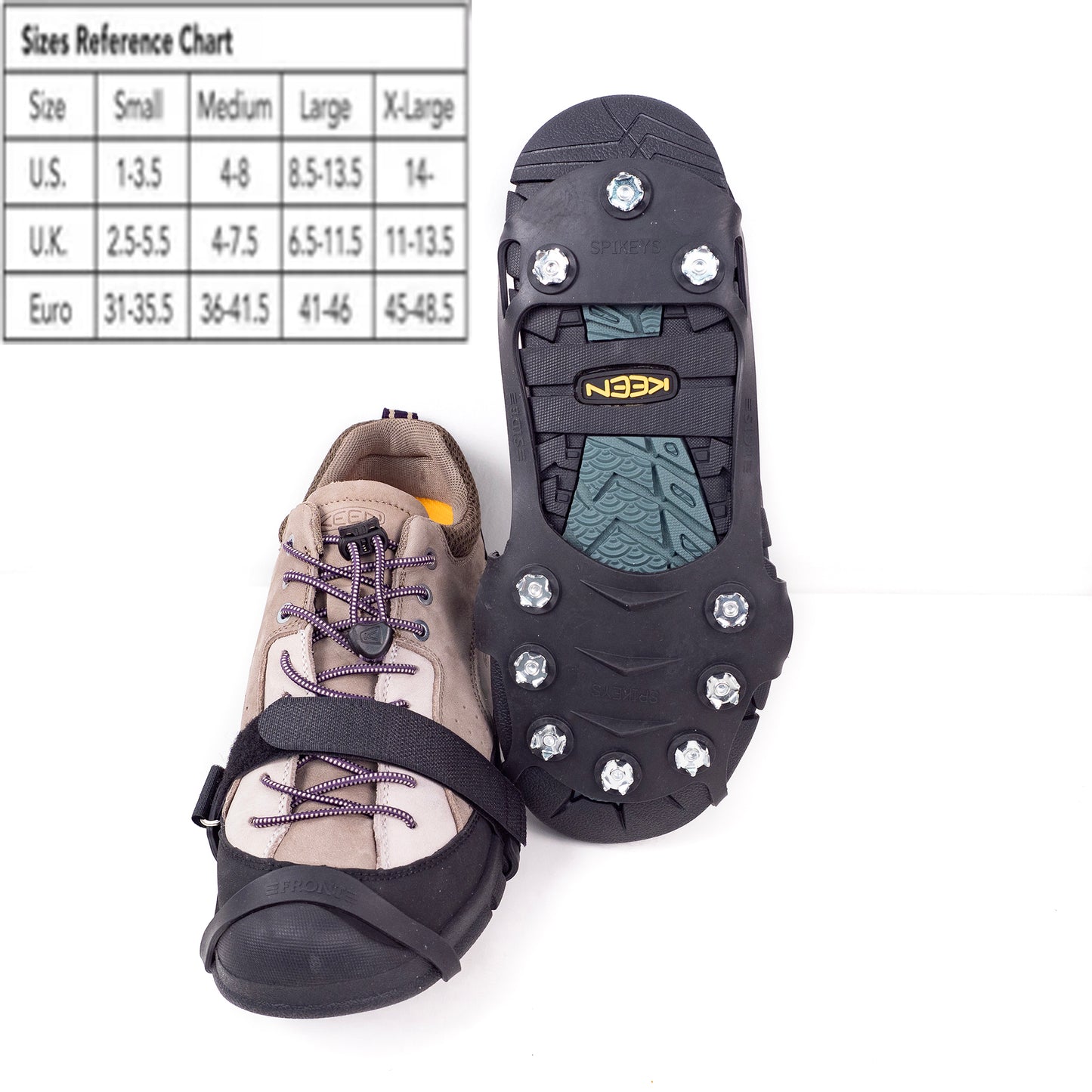 Image shows the base and front of our 10 point antislip crampon with a size chart.