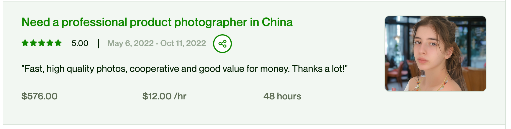 This is a picture of a review for one of our Shenzhen product photography jobs.