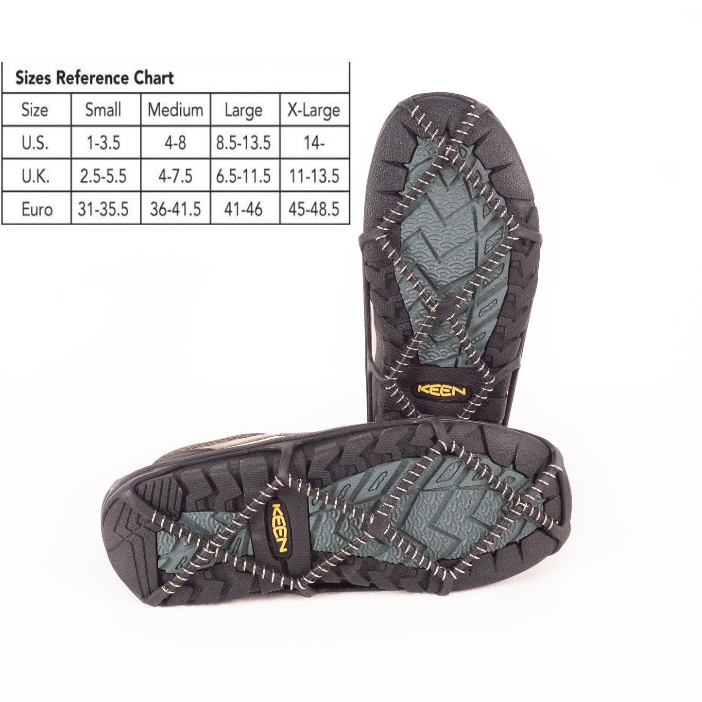 The picture shows the base of walking shoes with a pair of anti-slip crampons attached. There is size chart in the top left corner